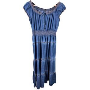 Lapis Womens Small Blue Cotton Chambray Peasant Milkmaid Tiered Maxi Denim Dress